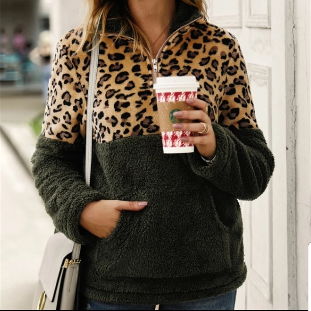 Leopard print fuzzy half zip pullover